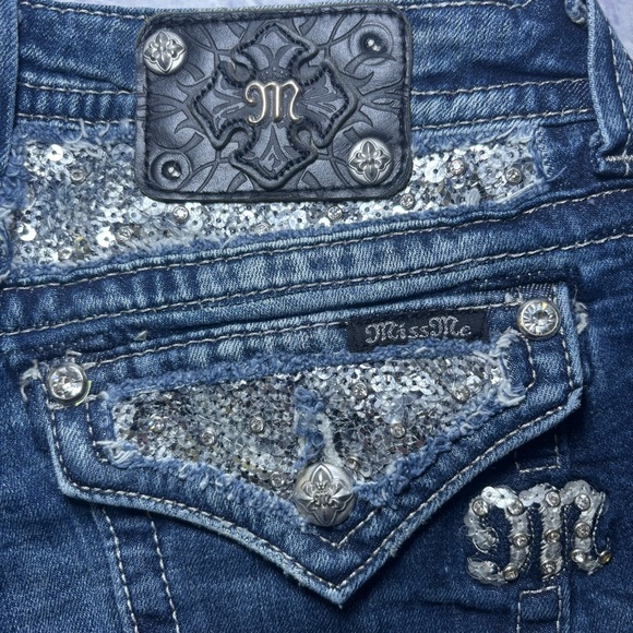 Miss Me Jeans Mid Rise Easy Boot Metallic Embellished Rhinestones Curvy Blue 29 - Picture 5 of 16
